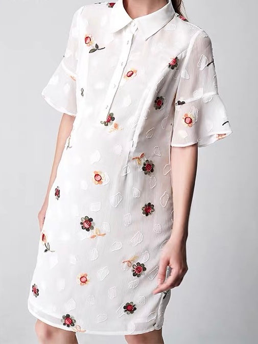Floral Embroidery Shirt Dress White