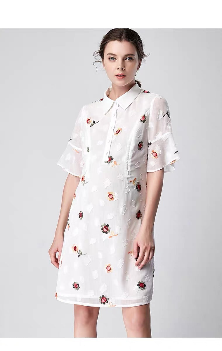 Floral Embroidery Shirt Dress White