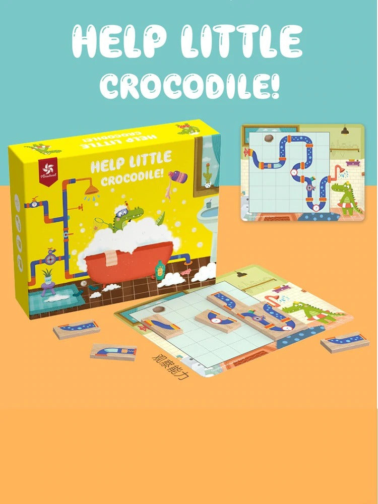 Help Little Crocodile! Wooden Connect The Pipes Puzzle