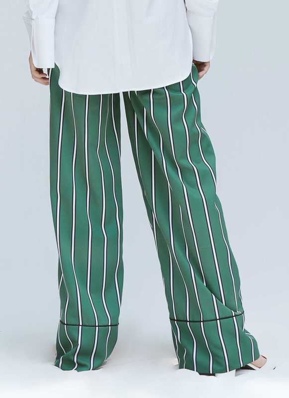 Green Stripes Semi Wool Wide Leg Pants