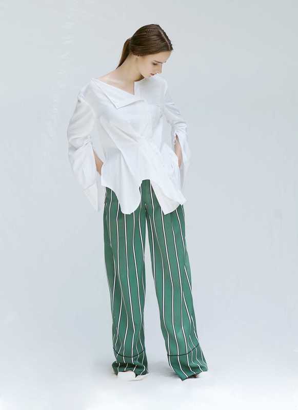 Green Stripes Semi Wool Wide Leg Pants