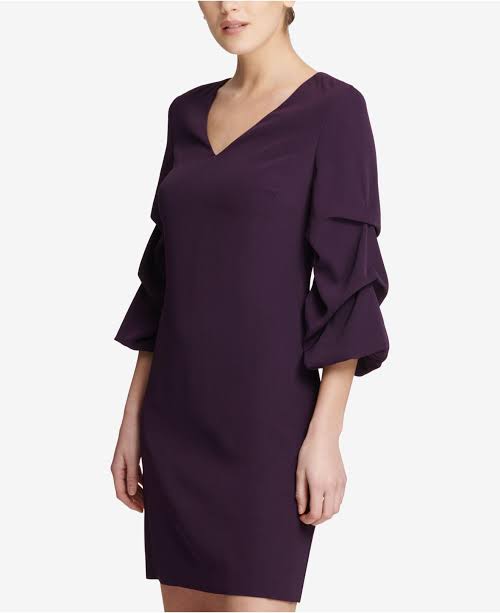 Purple V-neck Ruched-sleeve Dress